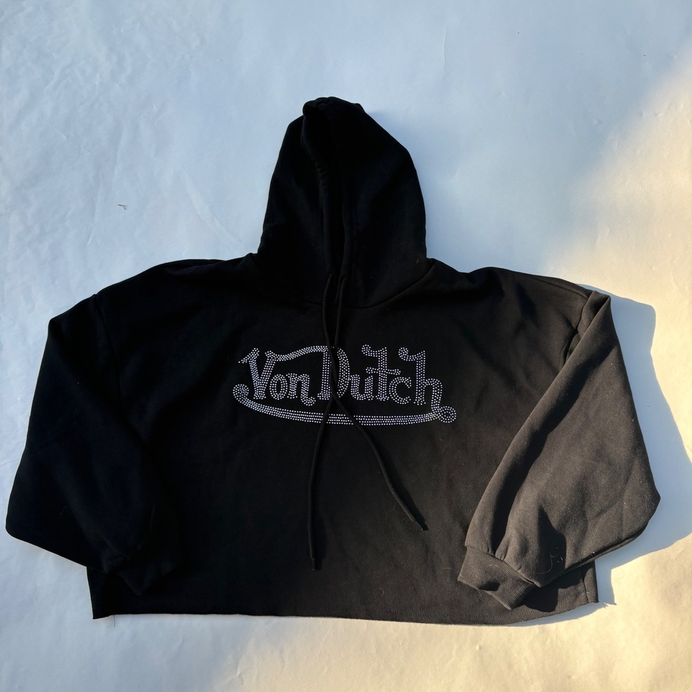 Von Dutch Black Rhinestone Logo Cropped Hoodie XL Y2K McBling Crystal Sweatshirt